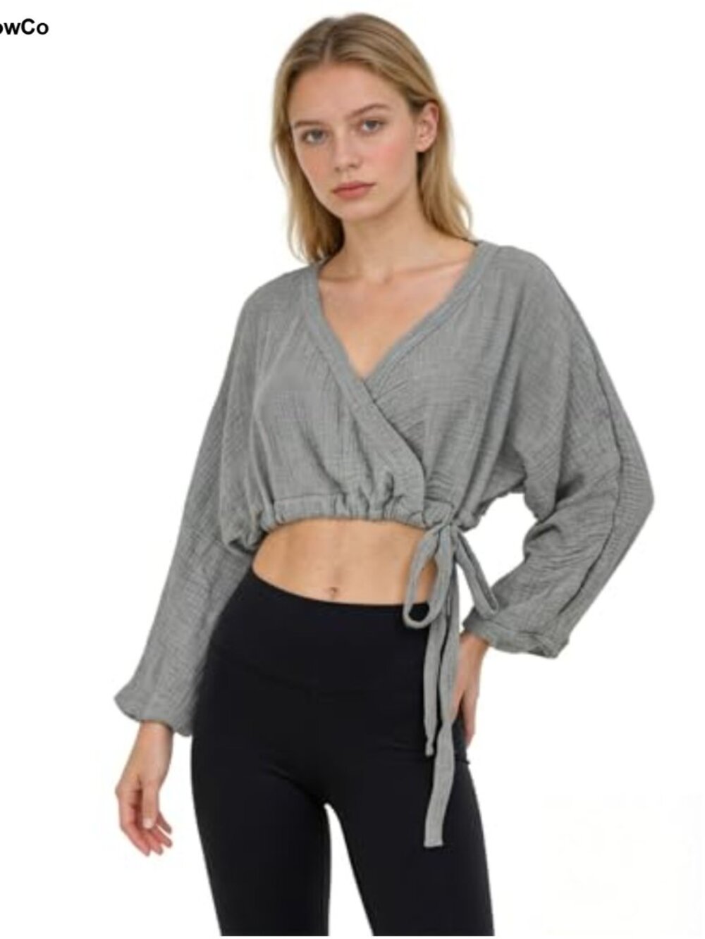 Cotton Double Gauze Wrap Crop Top Long Sleeve V Neck Tie Yoga